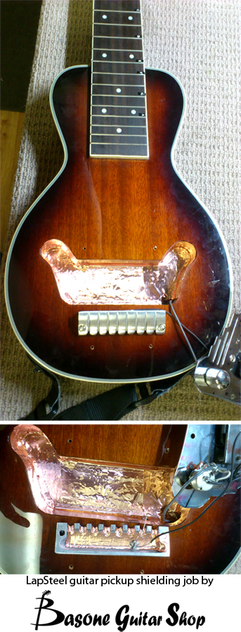 Lapsteel, steel guitar pickup cavity copper shielding, at Vancouver Basone guitar shop