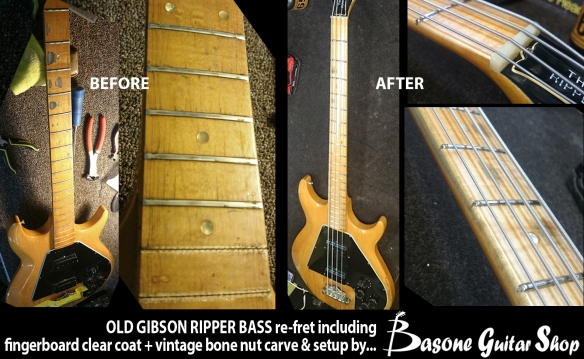 Old Gibson Ripper Bass refret including fingerboard clear coat, vintage bone nut carve and setup by Basone, in Vancouver BC